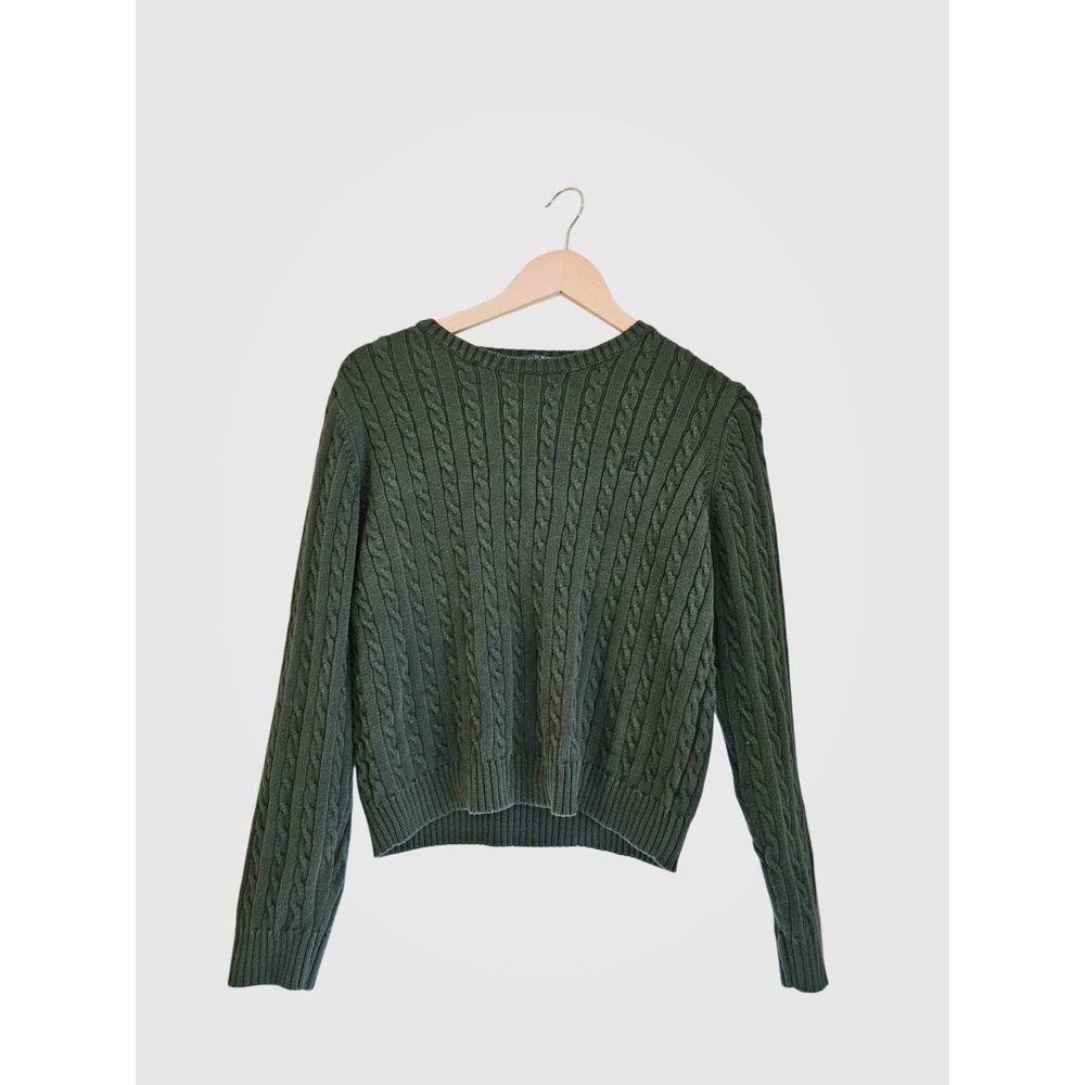Lauren Ralph Lauren Womens Green Cable Knit Cotton Crewneck Sweater size L